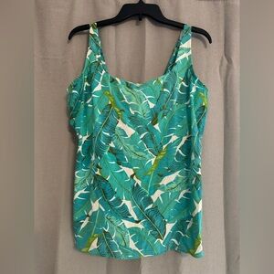 Lands' End Tankini Bathing Suit in Green, Blue and White Palm Print Size 18 EUC